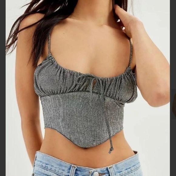 NWT! Urban Outfitters Stretch Glitter Pink Ruched Crop Tank Top - Picture 2 of 6